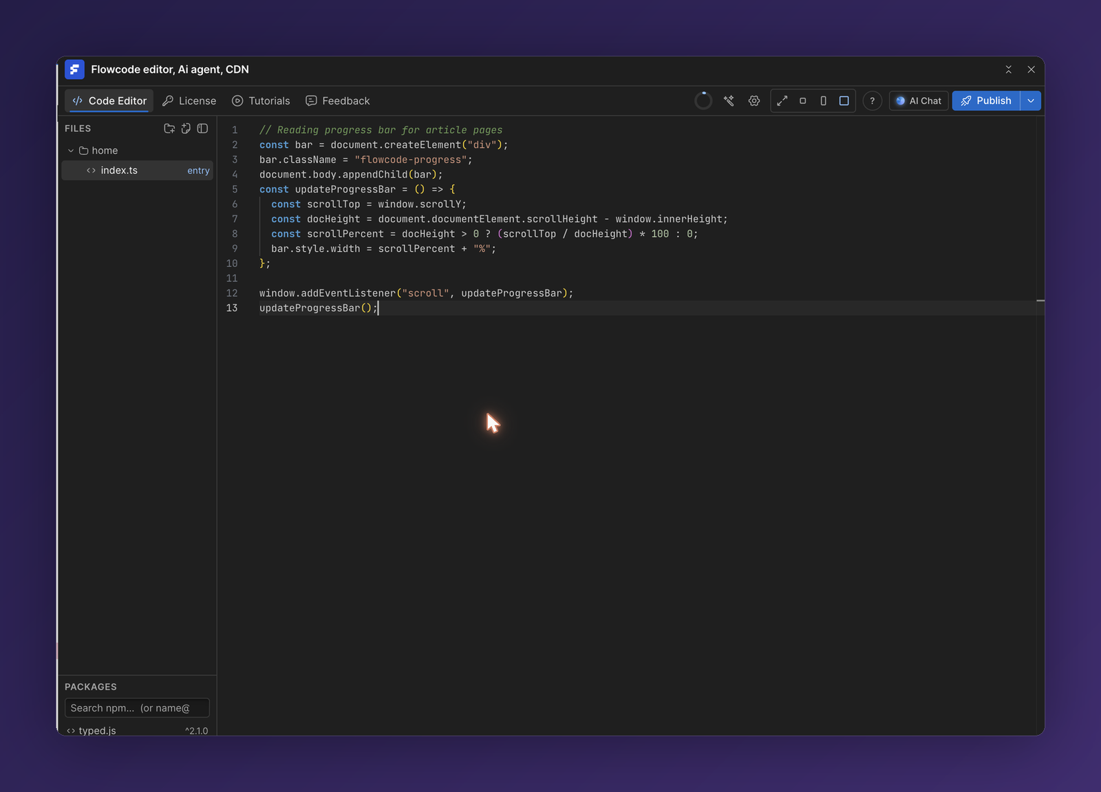 The Flowcode code editor with the file tree, editor, and packages panel