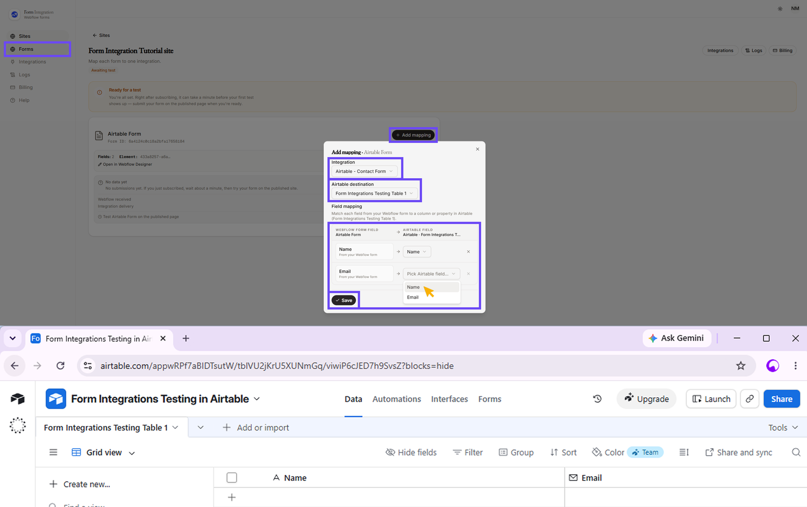 Integration Airtable mapping window