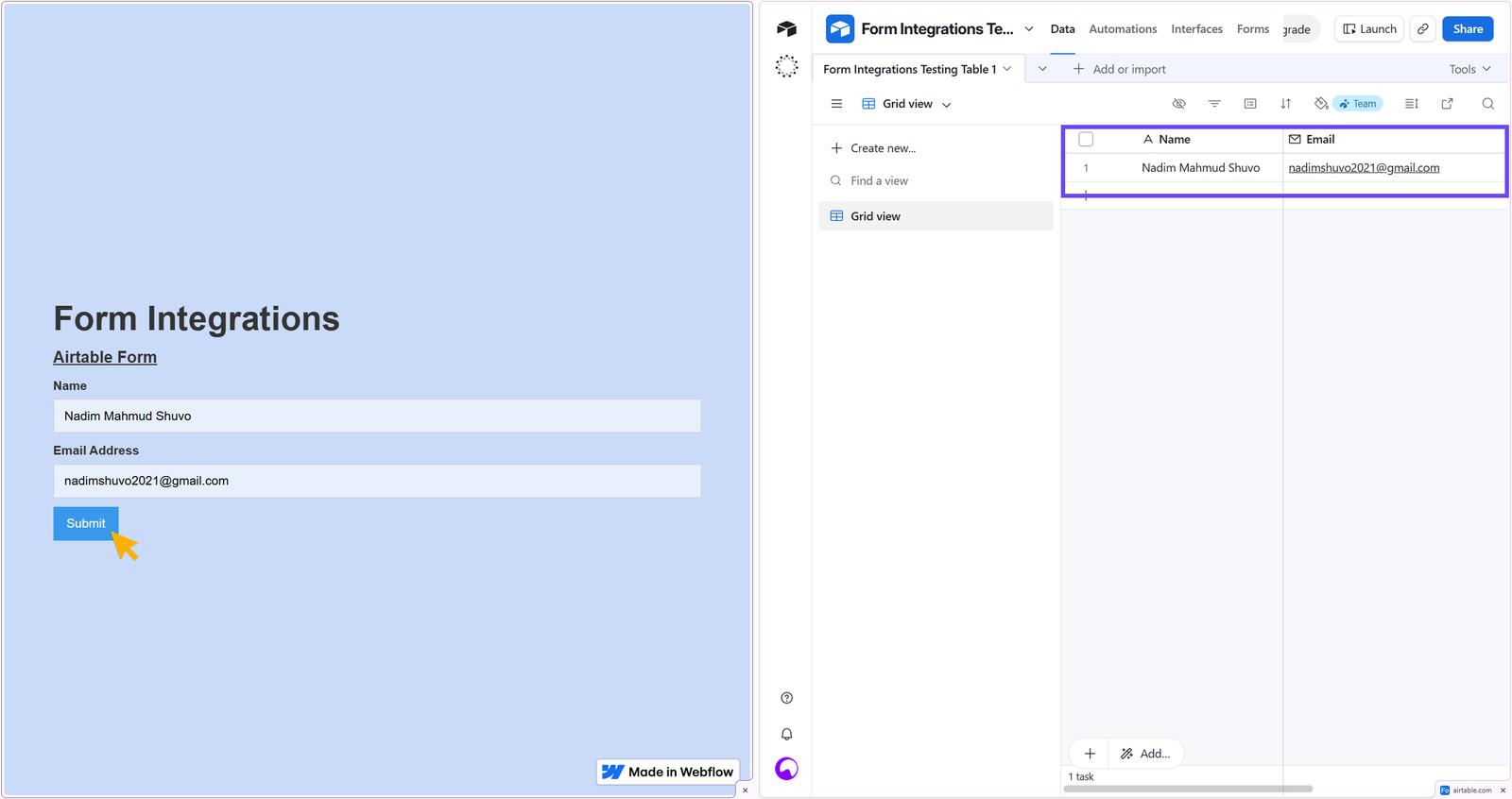 Showing data transfer from webflow published site to Airtable database