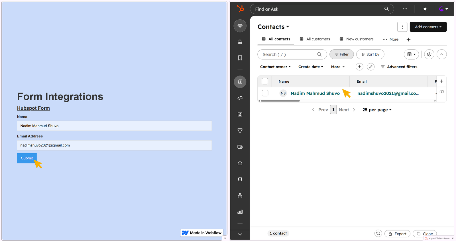 Showing data transfer from webflow published site to Hubspot database