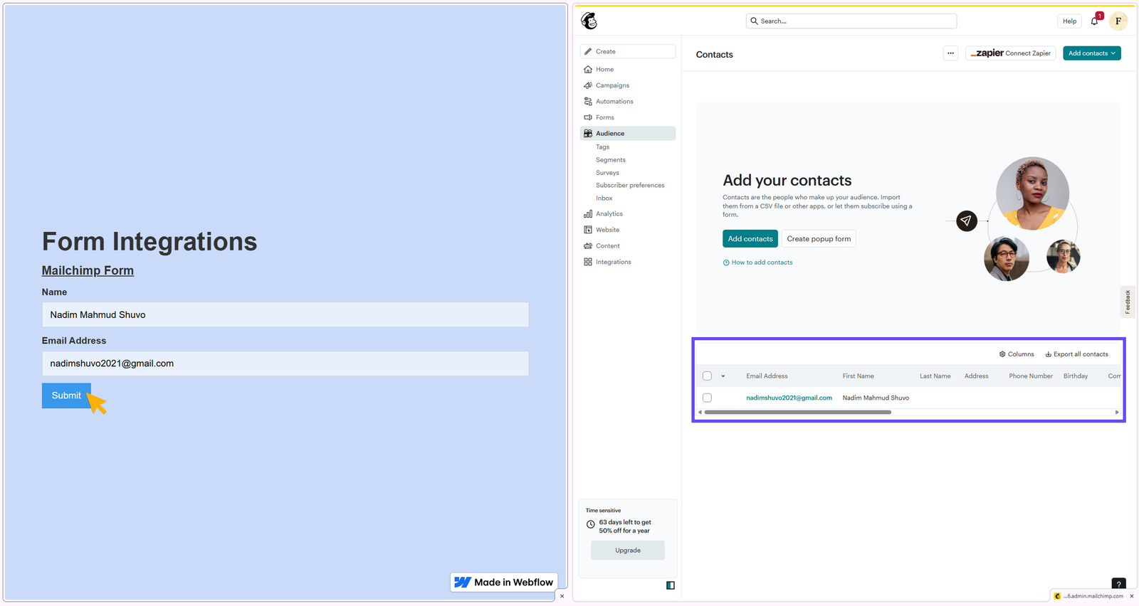 Showing data transfer from webflow published site to Mailchimp Audience