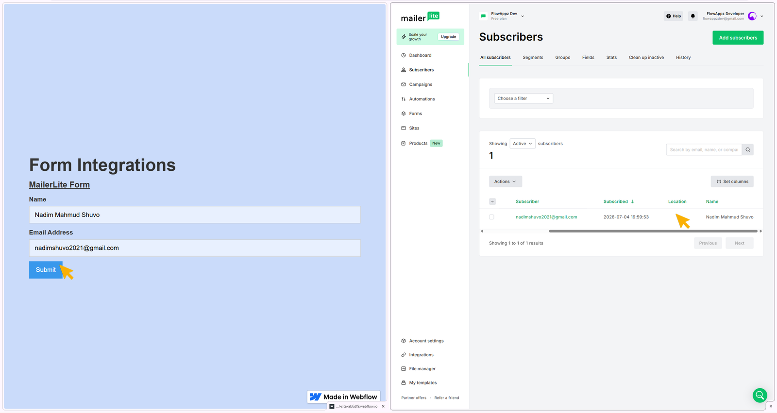 Showing data transfer from webflow published site to MailerLite Subscribers
