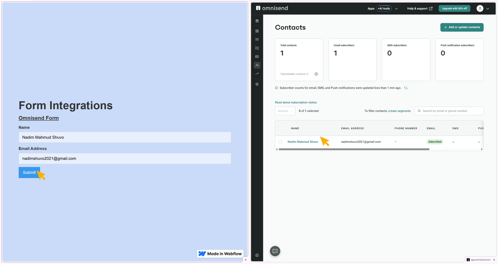 Showing data transfer from webflow published site to Omnisend contacts lists