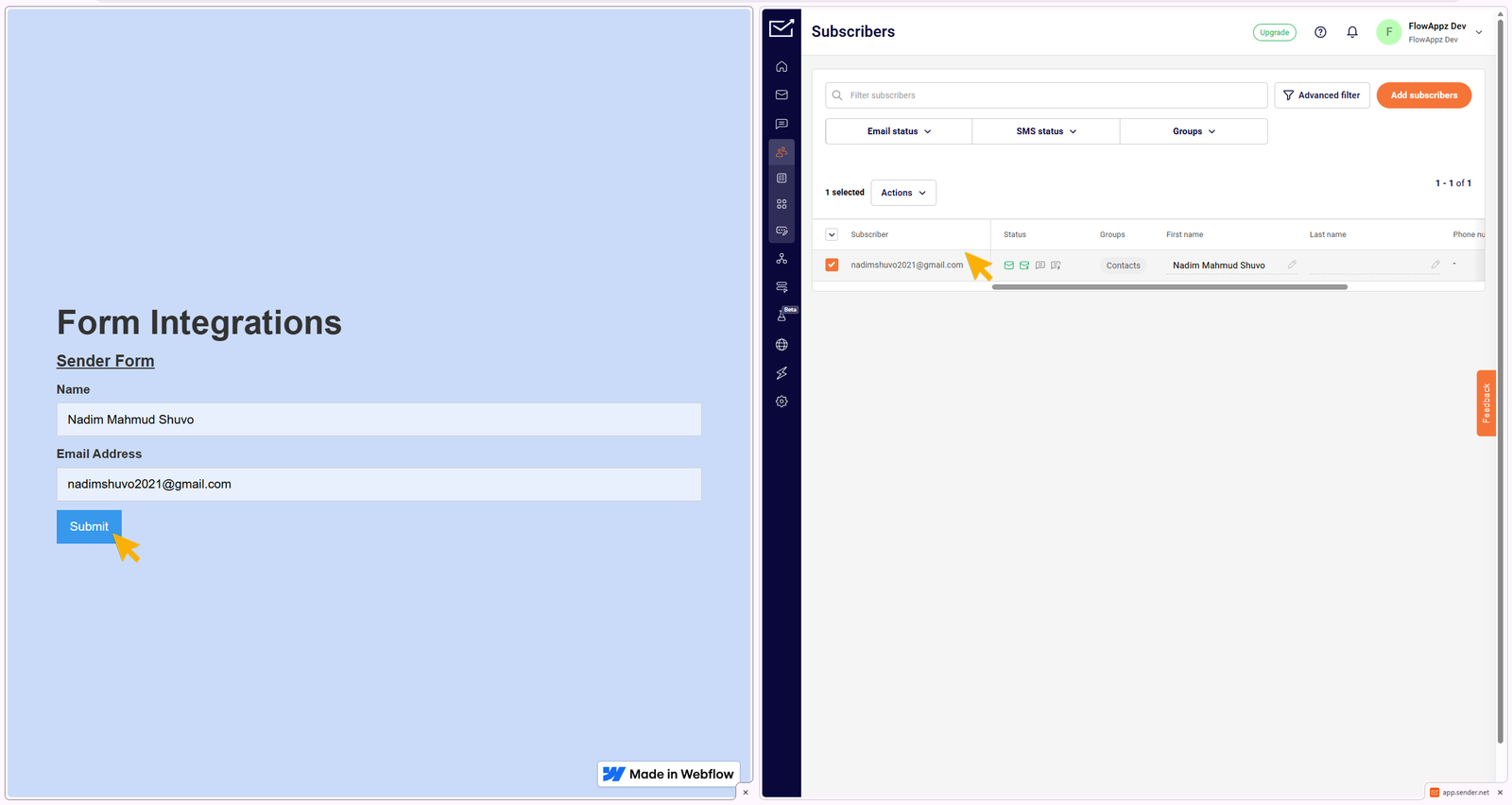 Showing data transfer from webflow published site to Sender contacts lists