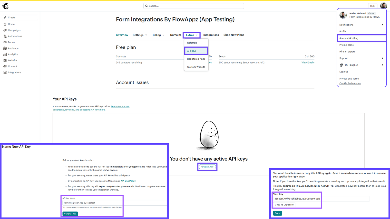 Generating an API key in Mailchimp