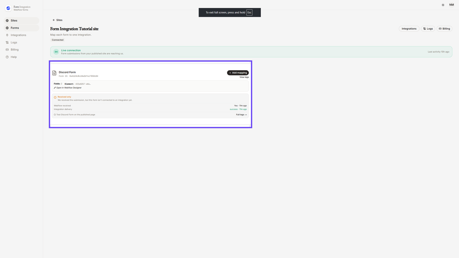 Selecting Discord Form in App Dashboard
