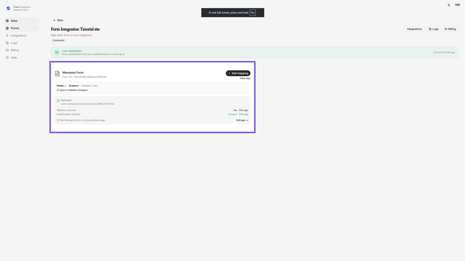 Selecting Site in App Dashboard