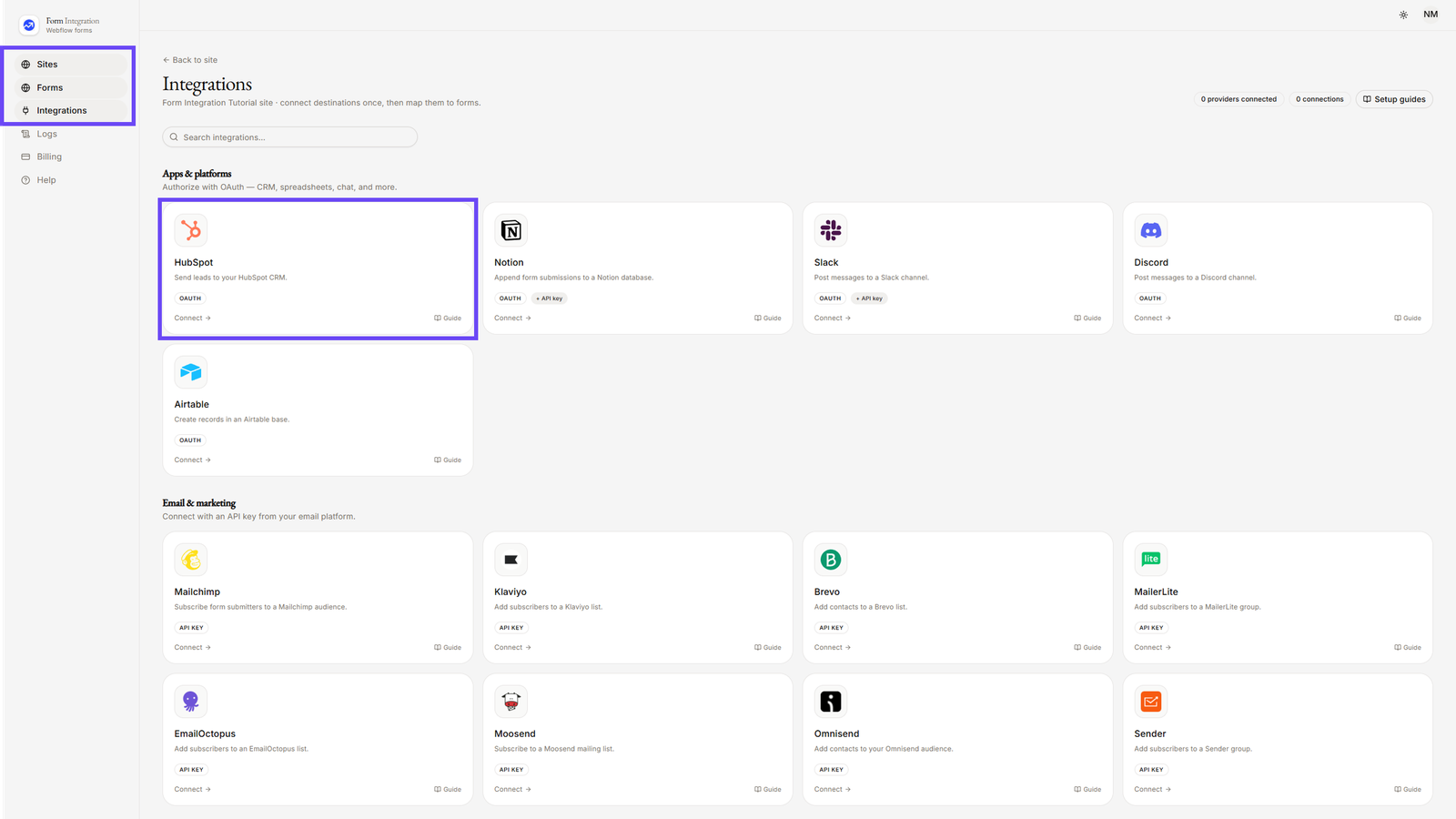 On Integration menu selecting Hubspot