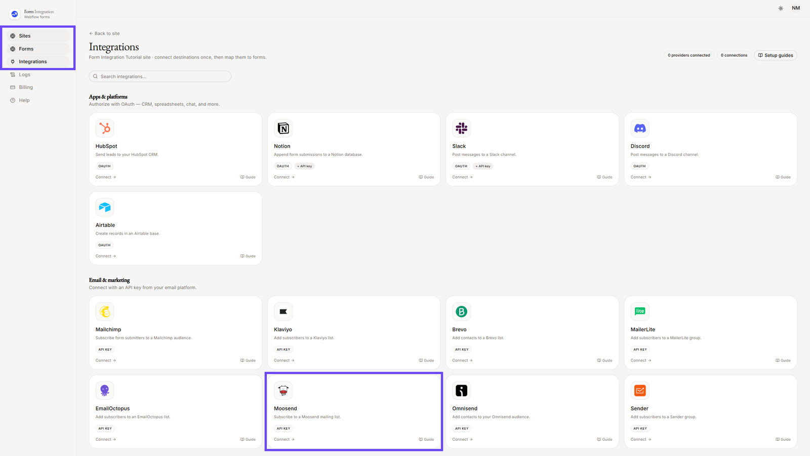 On Integration menu selecting Moosend