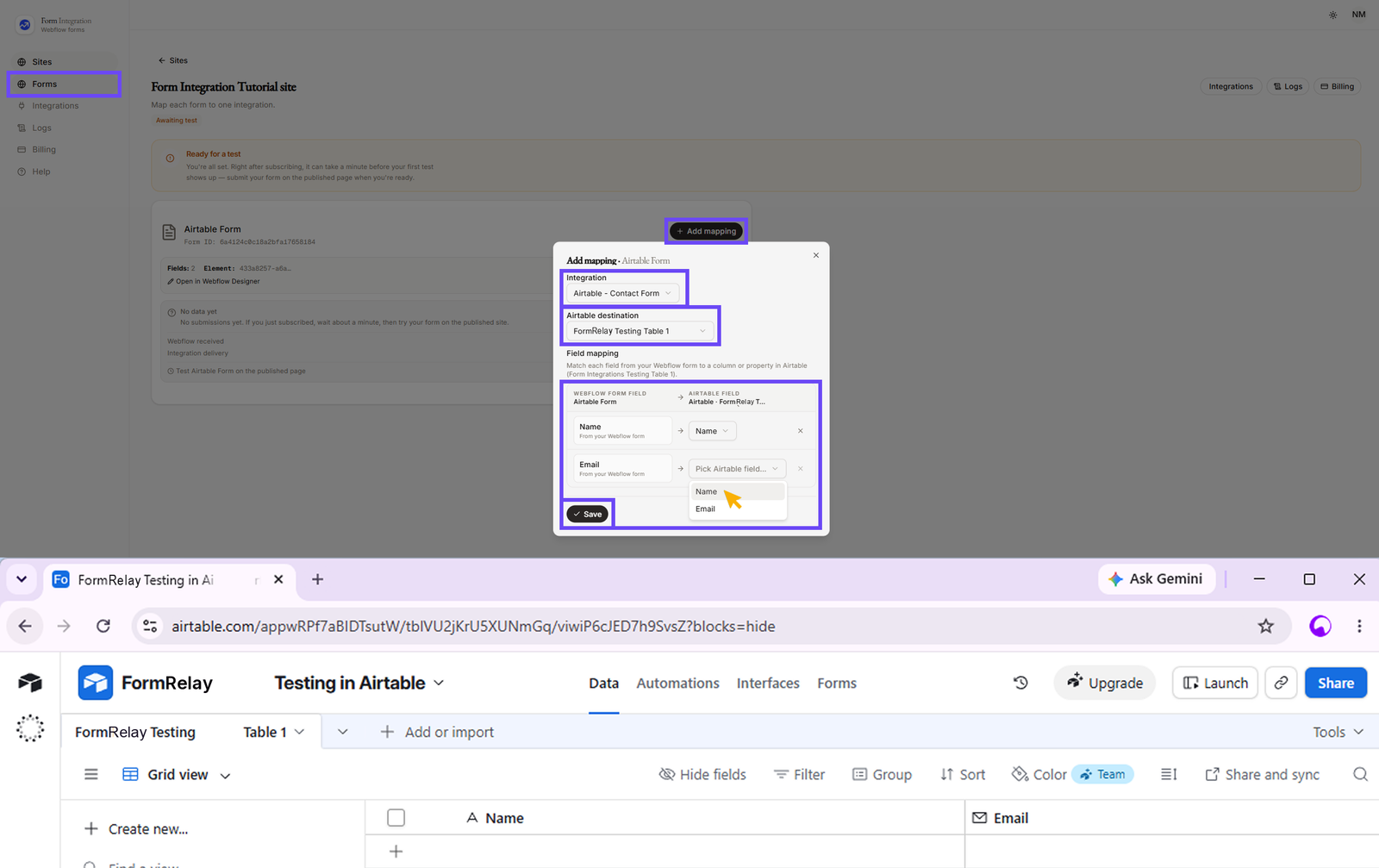 Integration Airtable mapping window