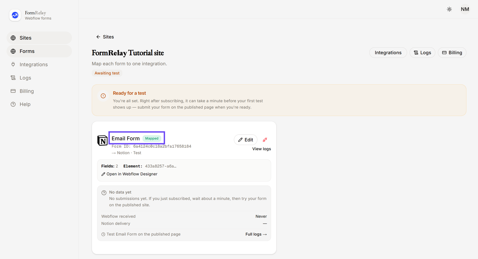 App Dashboard showing a Form