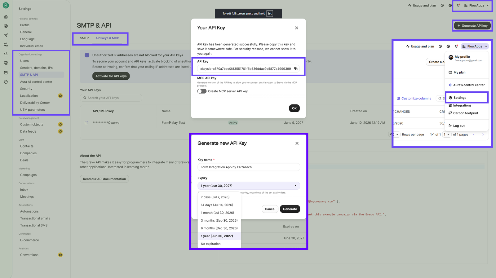 Generating an API key in Brevo