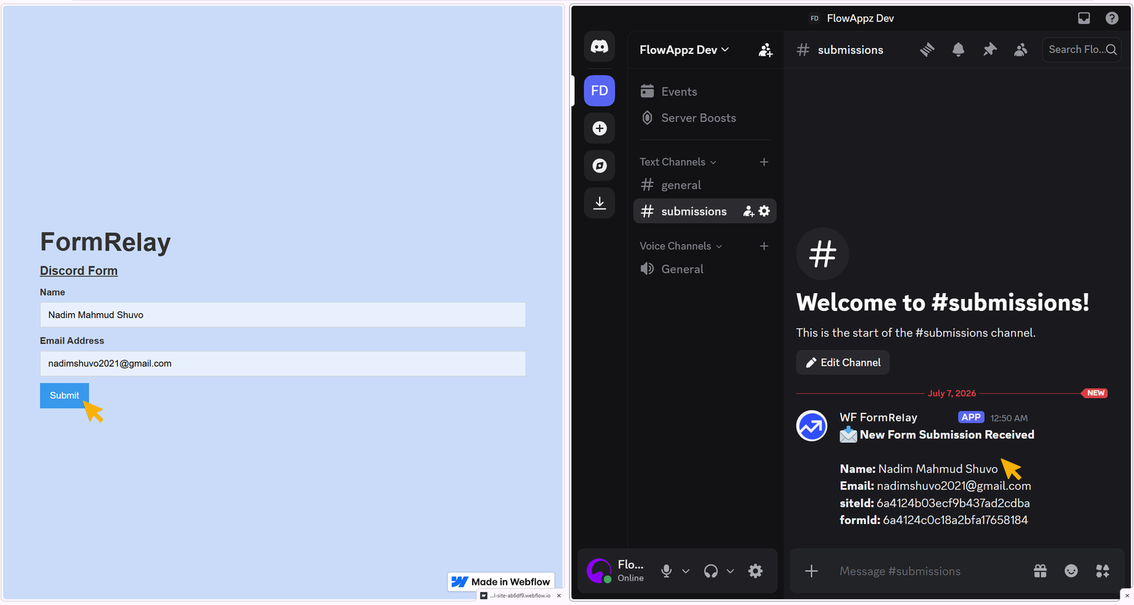 Showing data transfer from webflow published site to Discord database