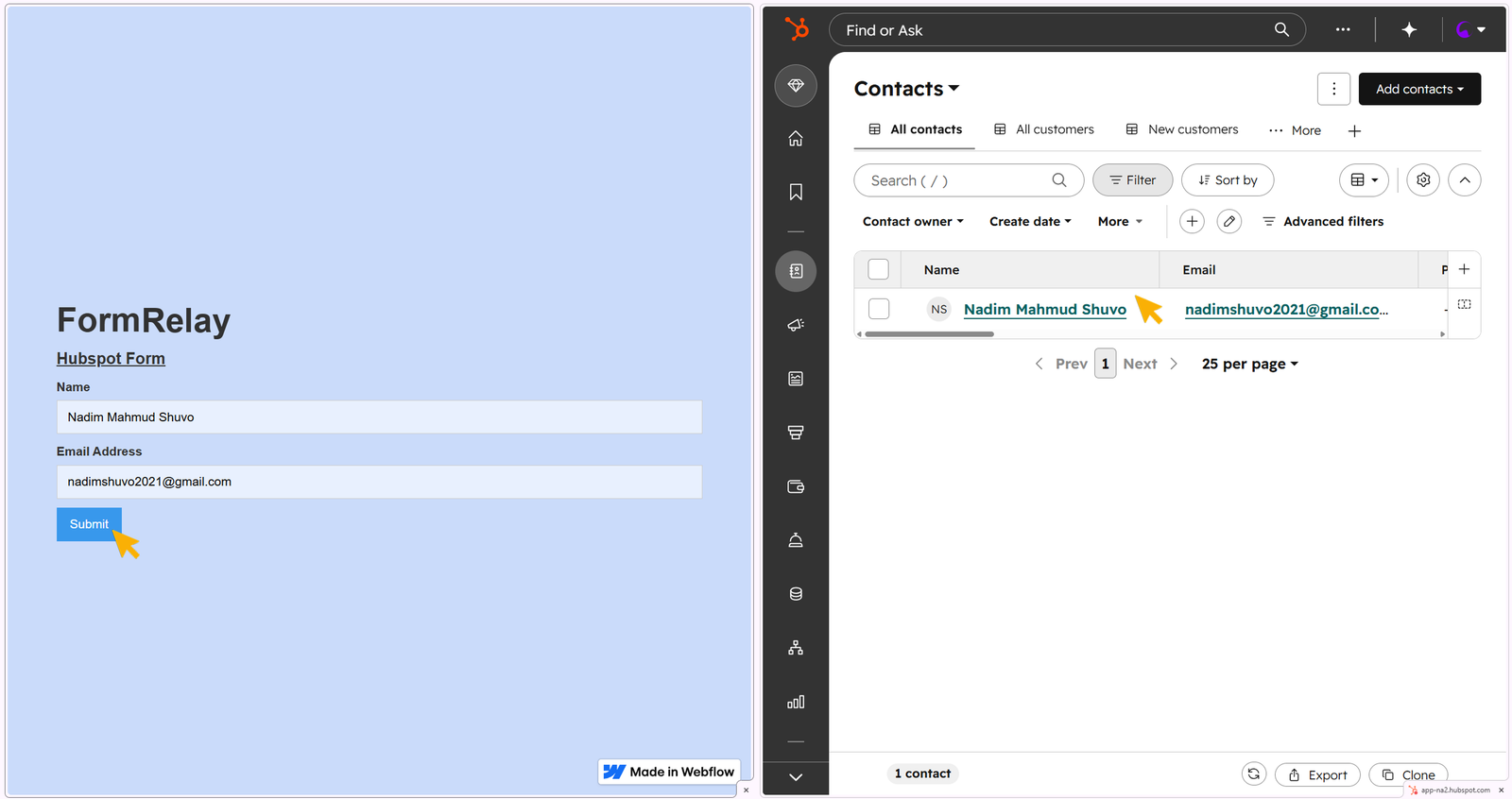 Showing data transfer from webflow published site to HubSpot database