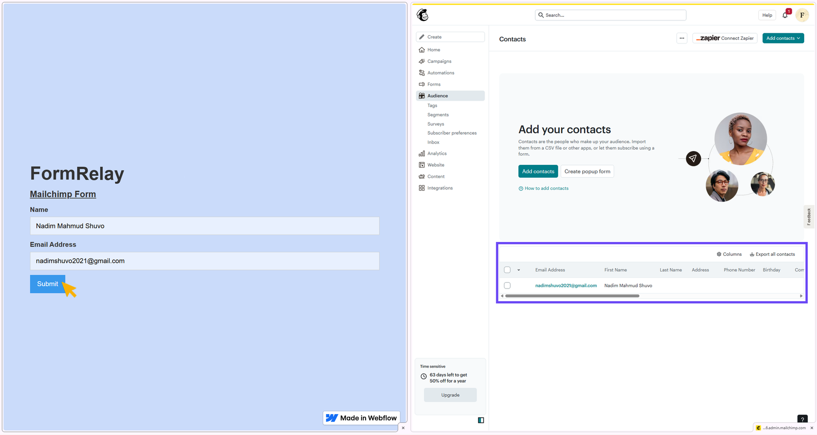Showing data transfer from webflow published site to Mailchimp Audience