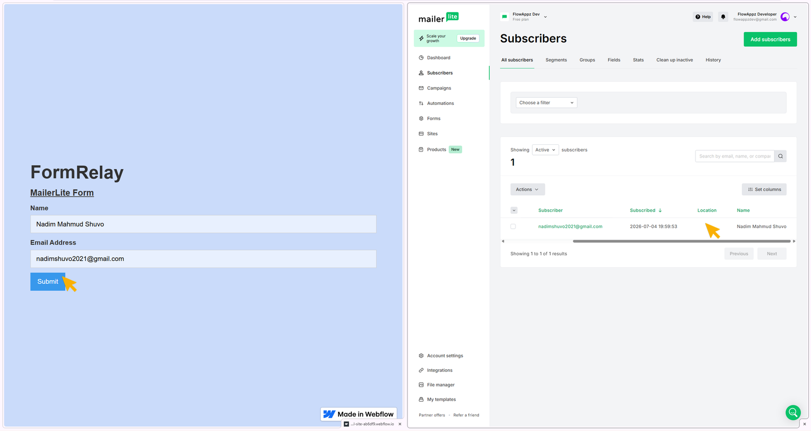 Showing data transfer from webflow published site to MailerLite Subscribers