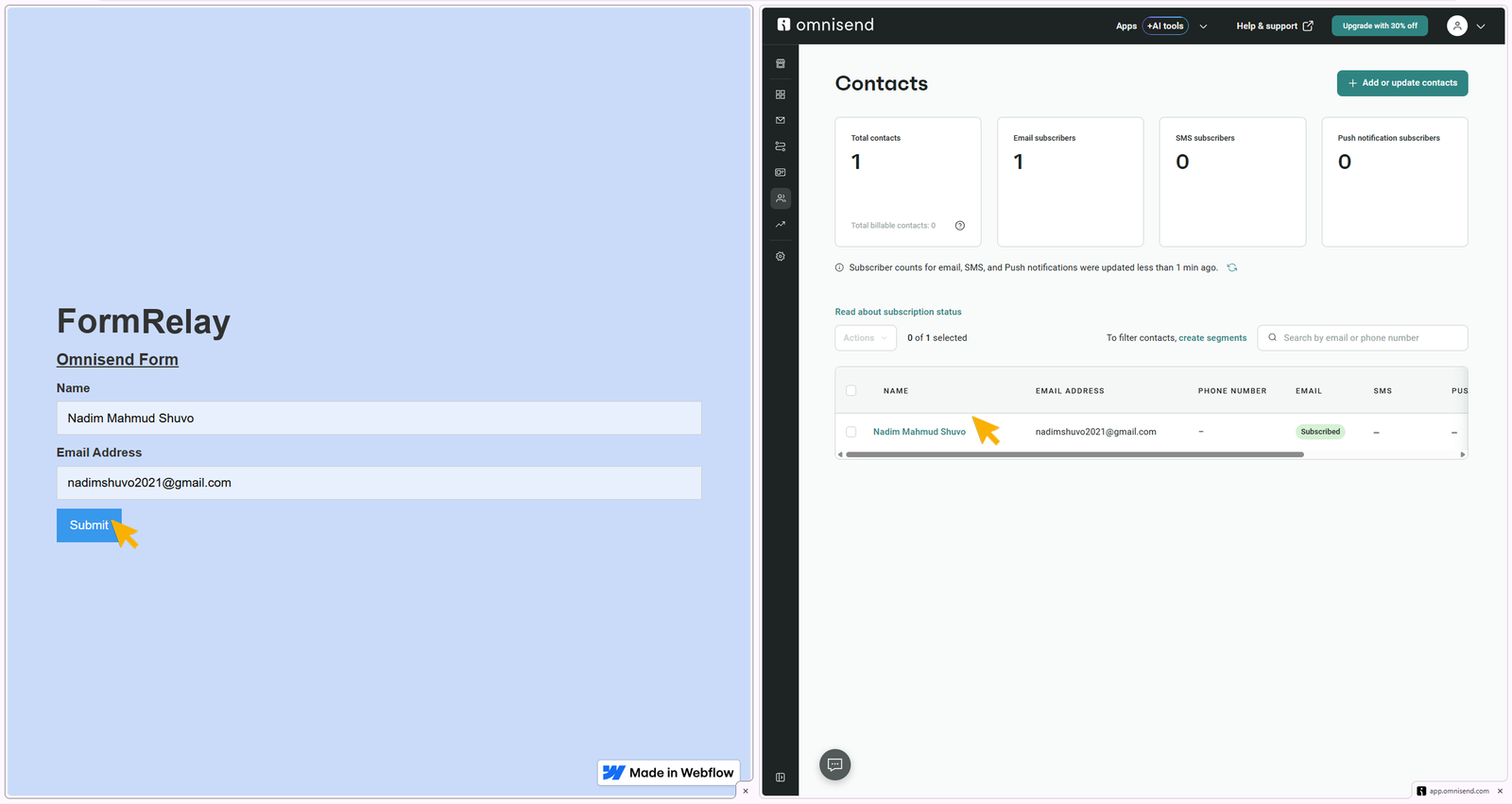 Showing data transfer from webflow published site to Omnisend contacts lists