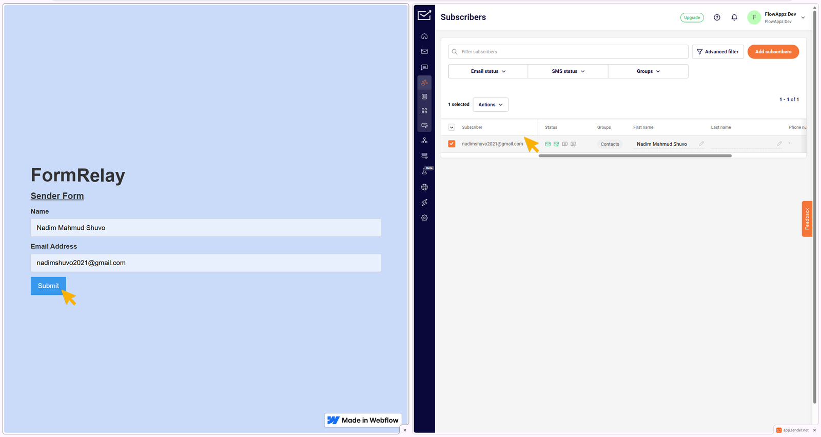 Showing data transfer from webflow published site to Sender contacts lists