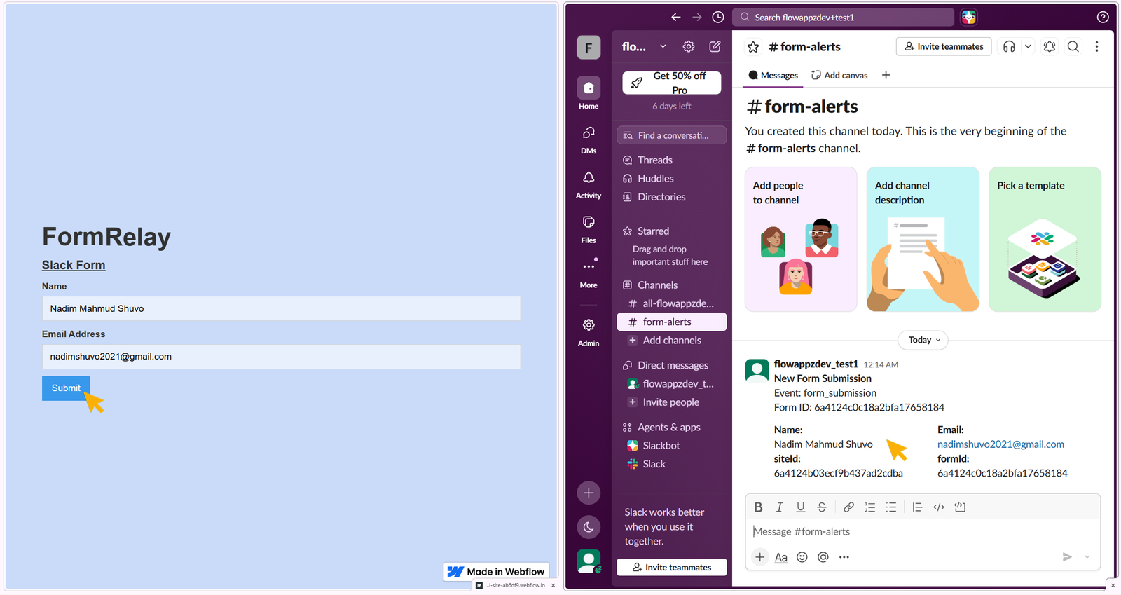 Showing data transfer from webflow published site to Slack database