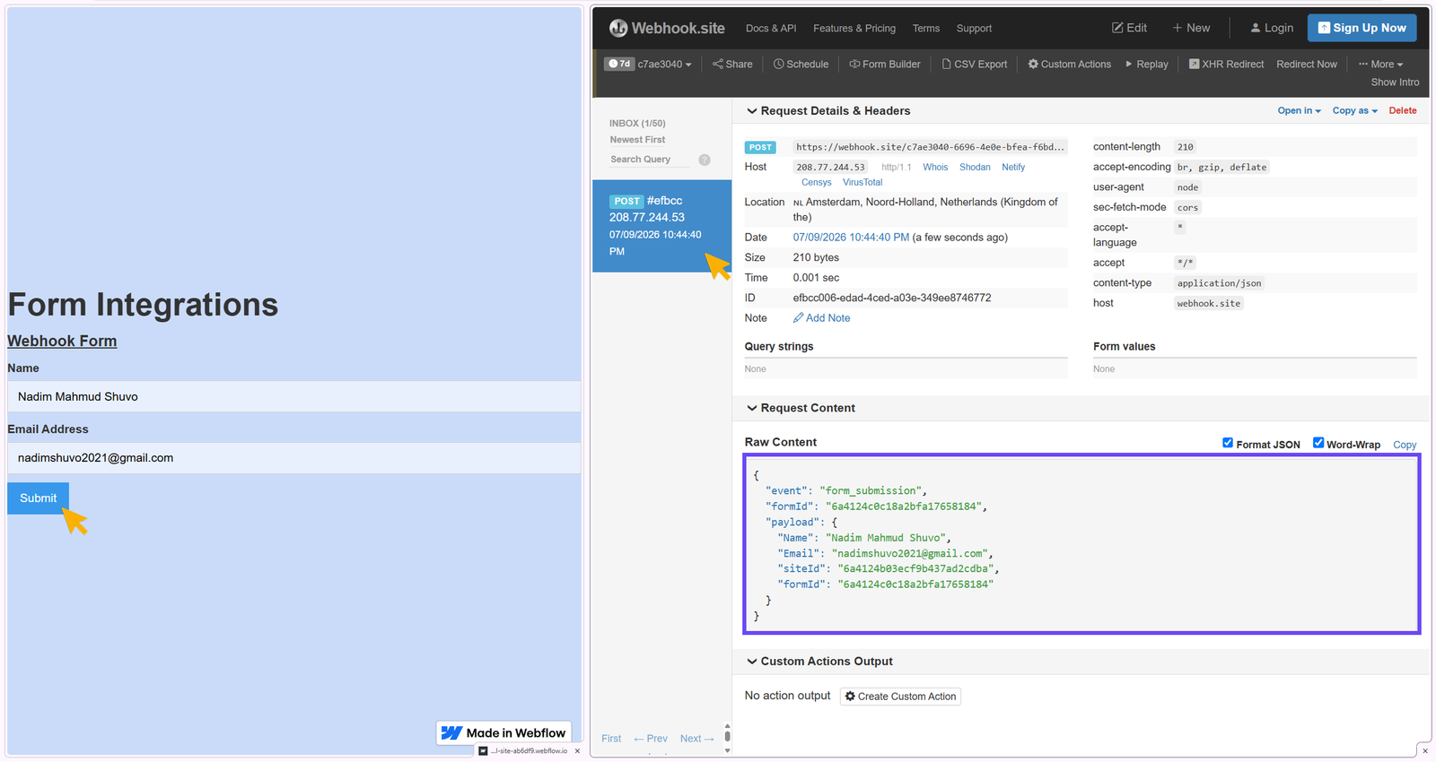 Showing data transfer from webflow published site to Webhook Dashboard