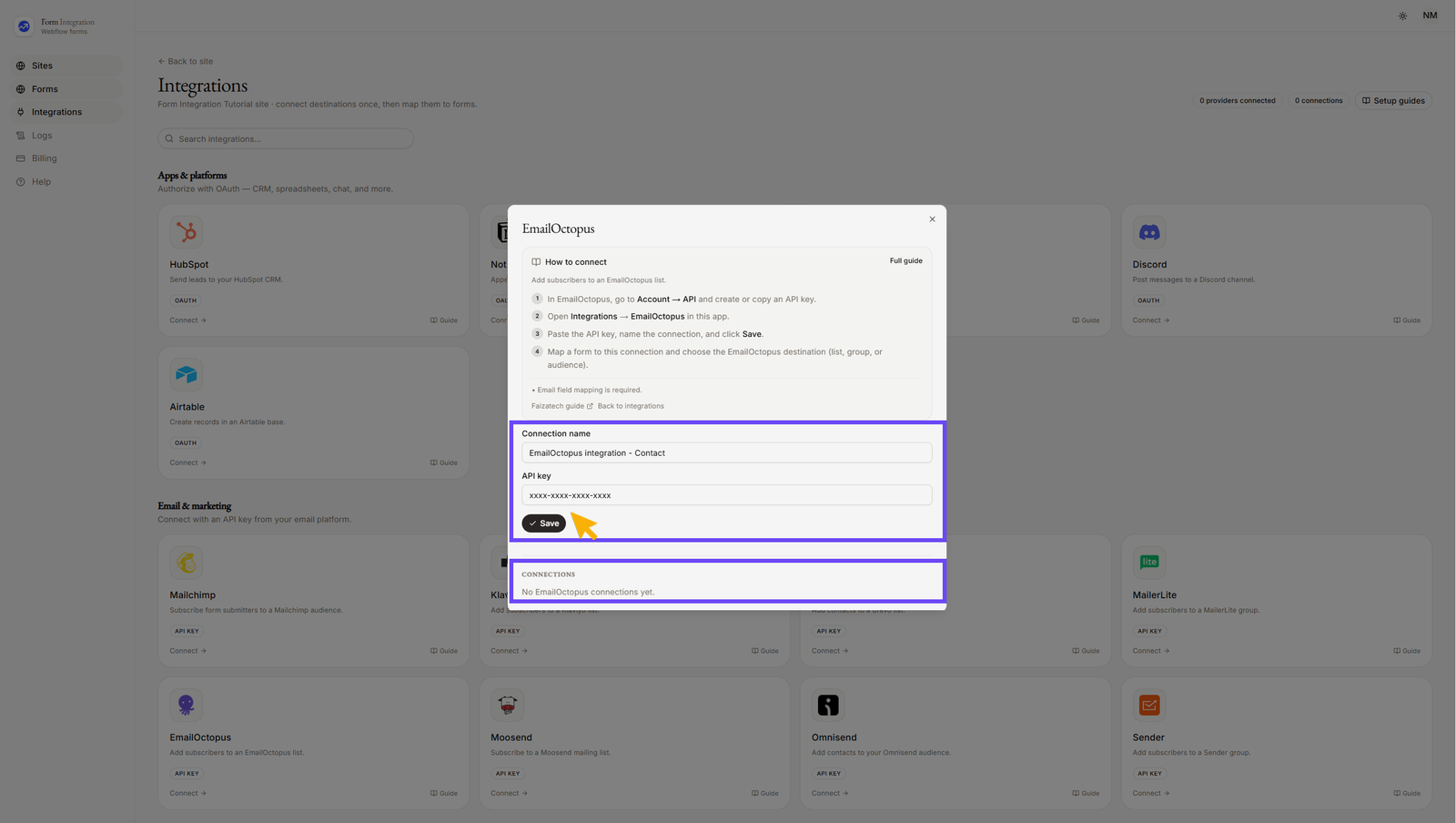 Integration EmailOctopus popup window