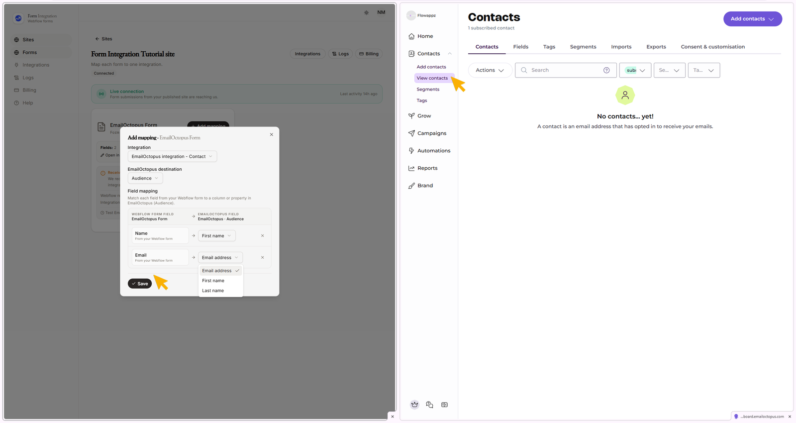 Integration EmailOctopus mapping window