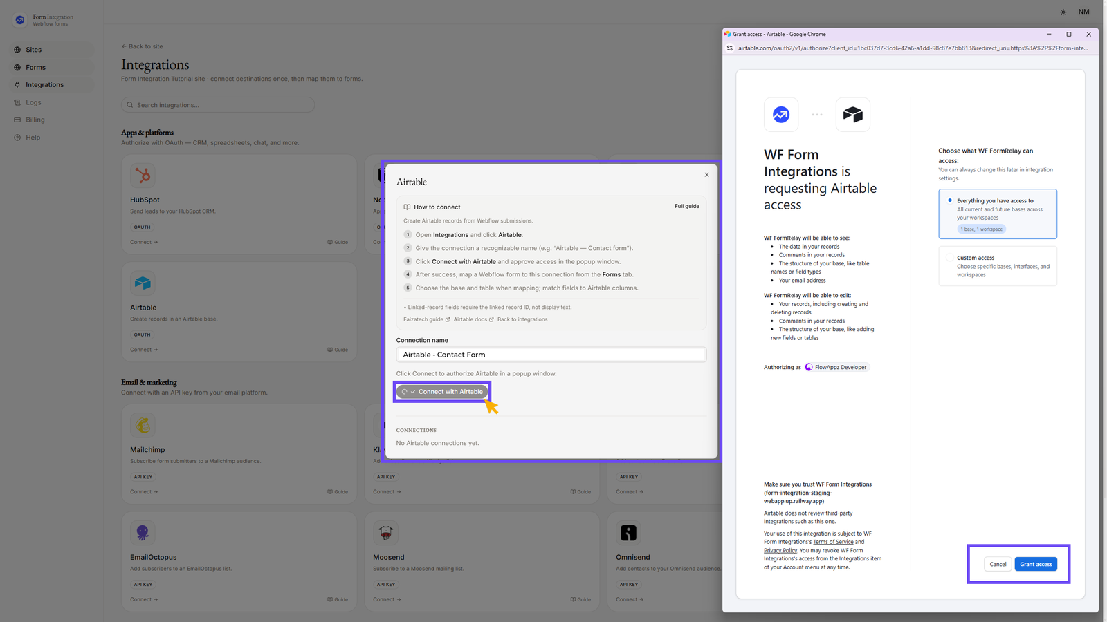 Integration Airtable popup window