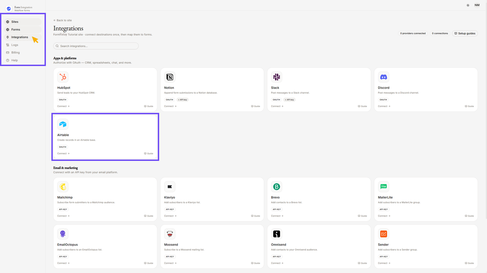 On Integration menu selecting Airtable