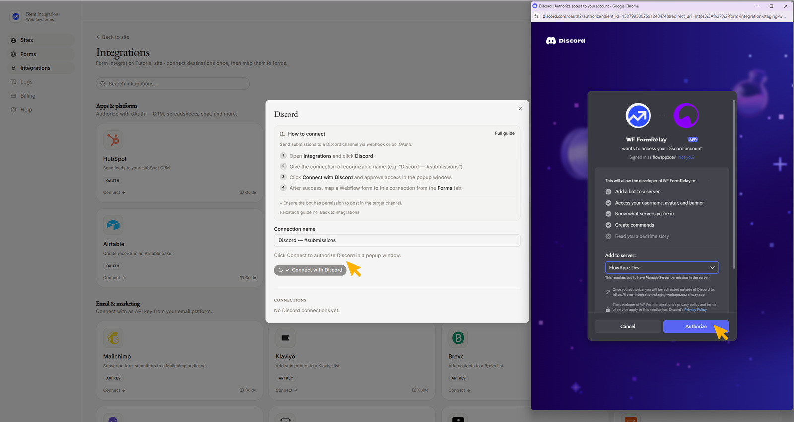 Integration Discord popup window