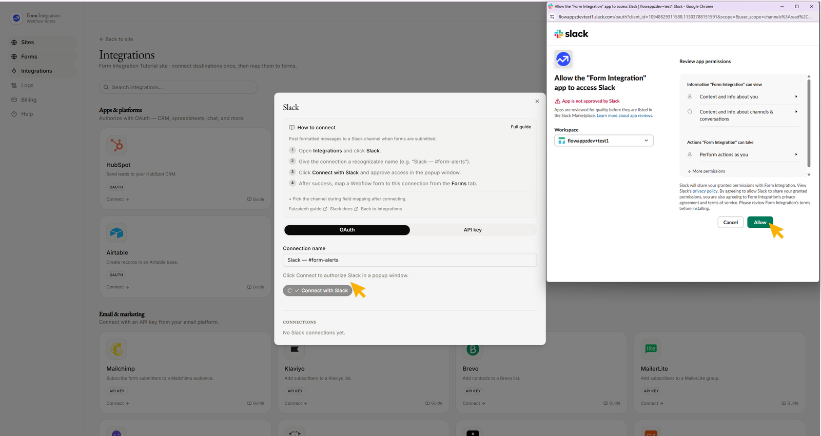 Integration Slack popup window