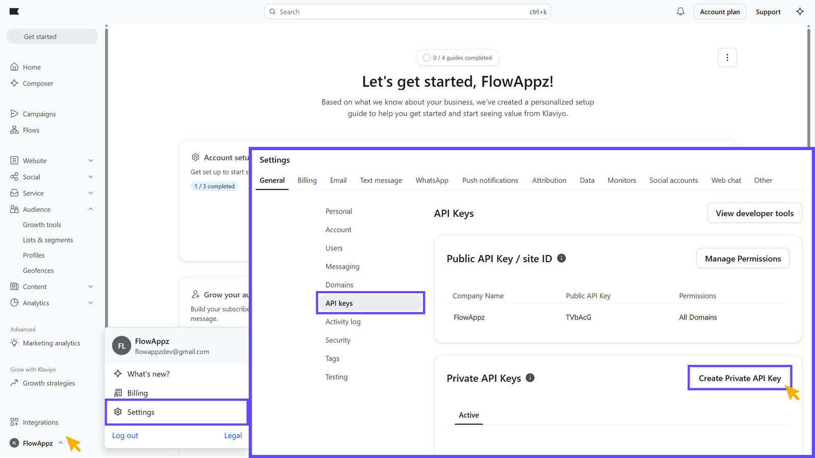 Generating an API key in Klaviyo