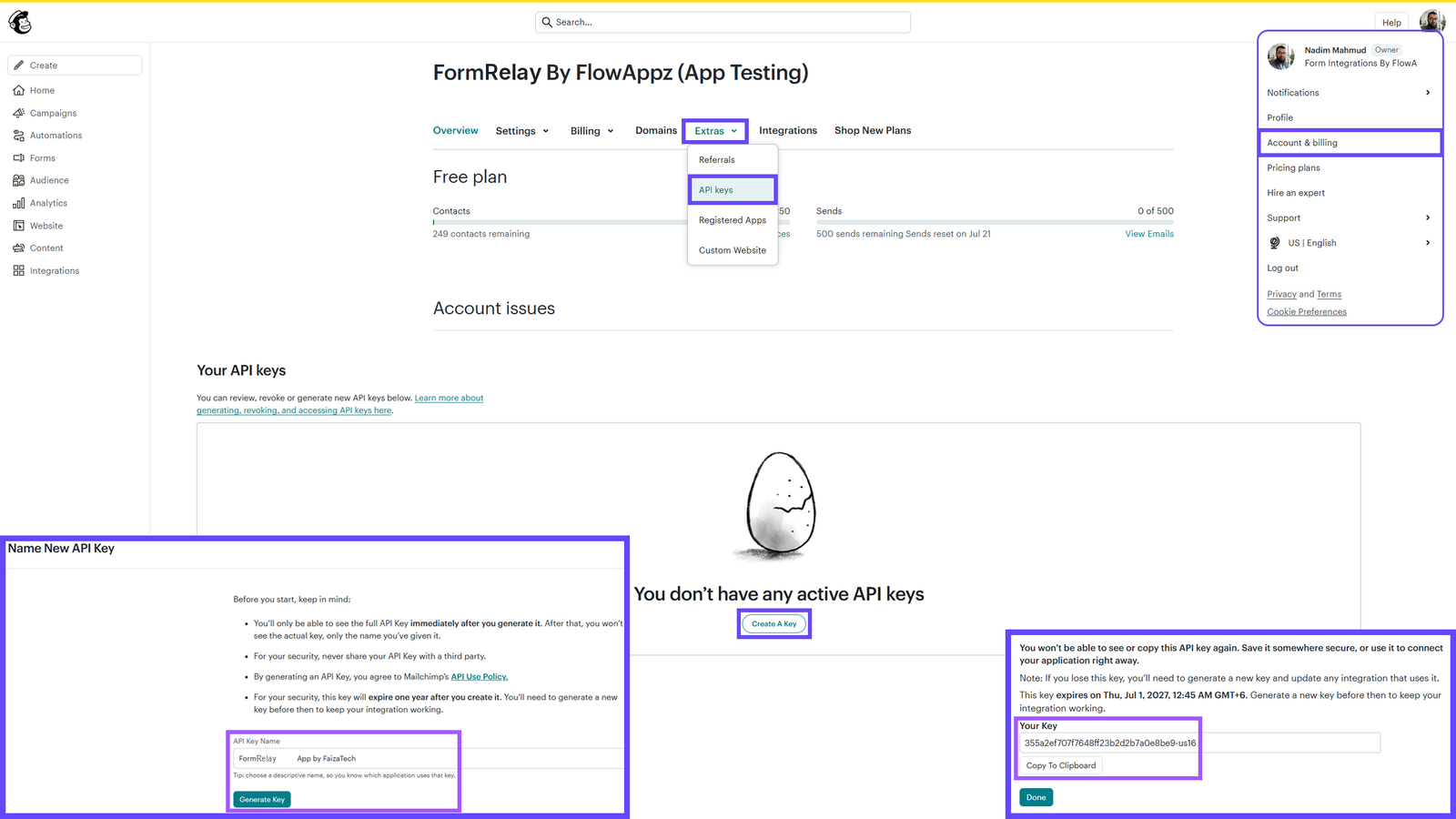 Generating an API key in Mailchimp