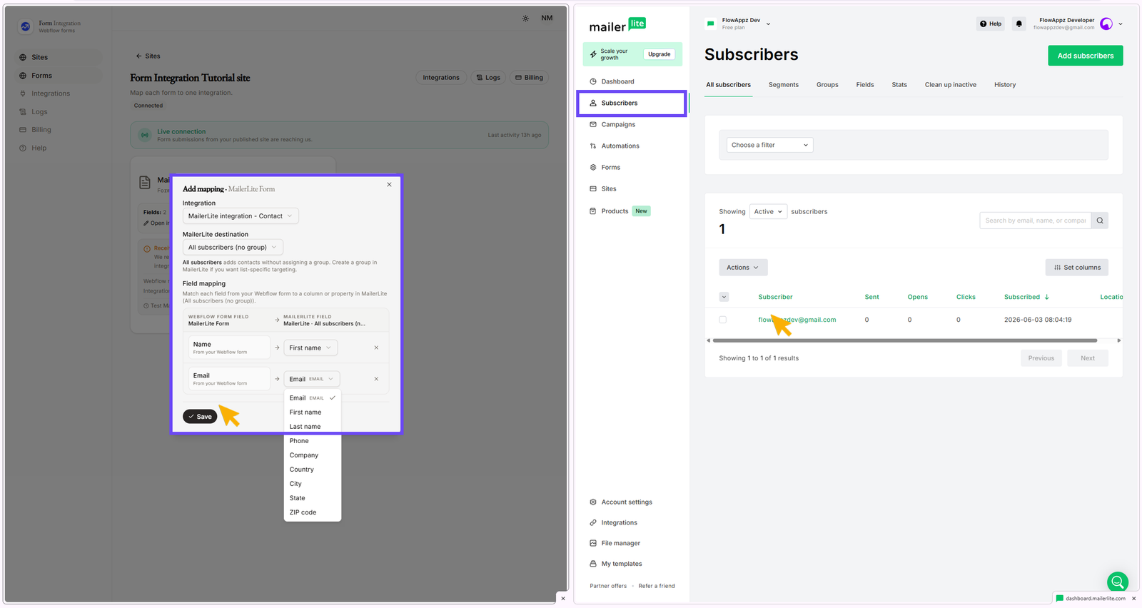 Integration MailerLite mapping window