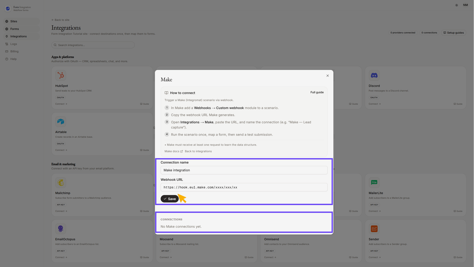 Integration Webhook popup window