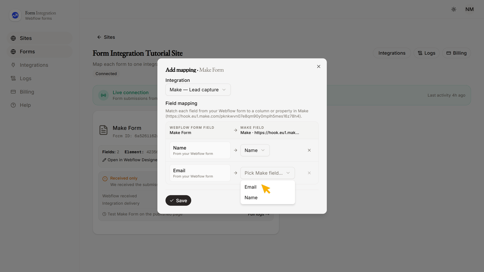Integration Webhook mapping window