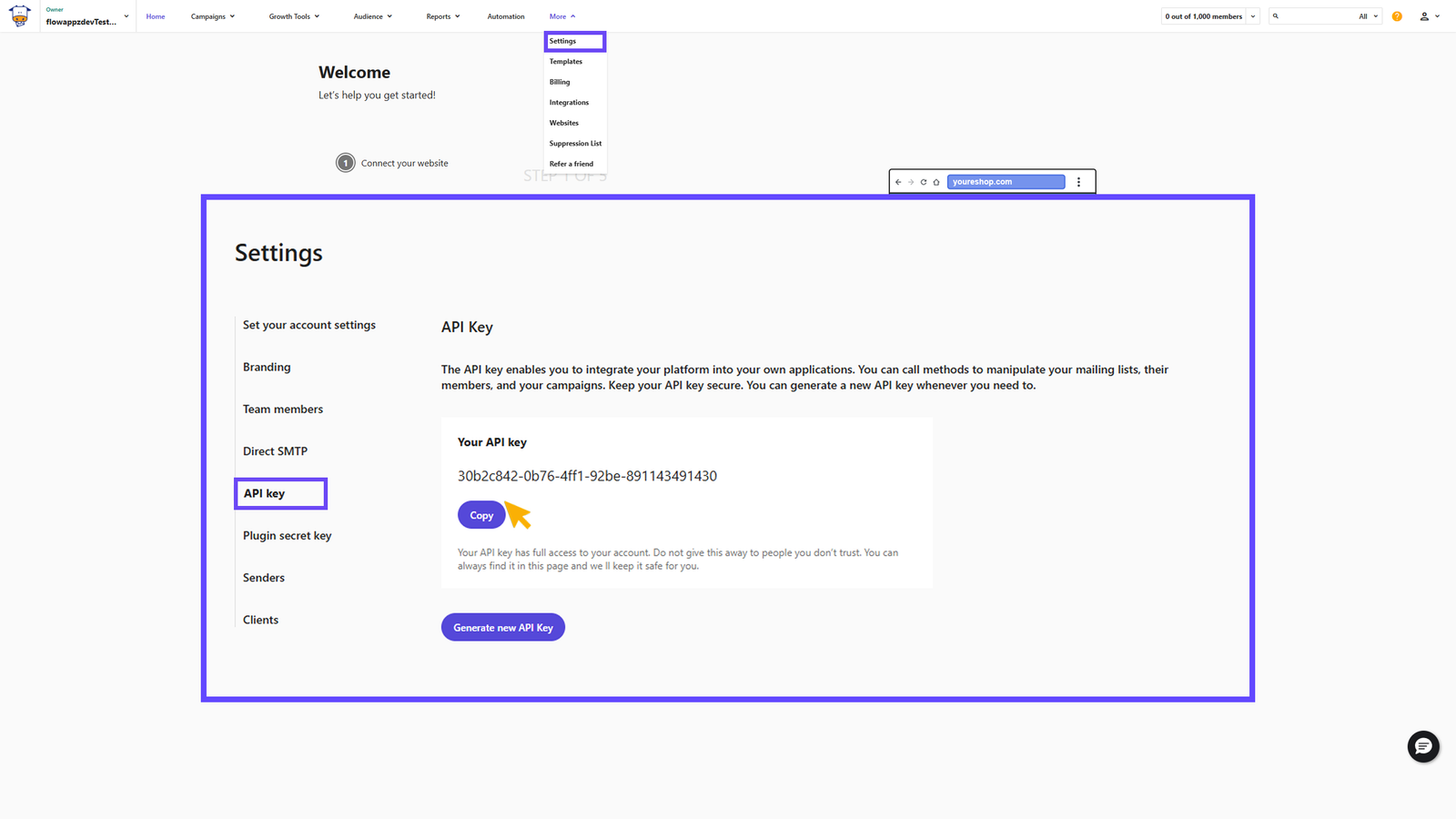 Generating an API key in Moosend