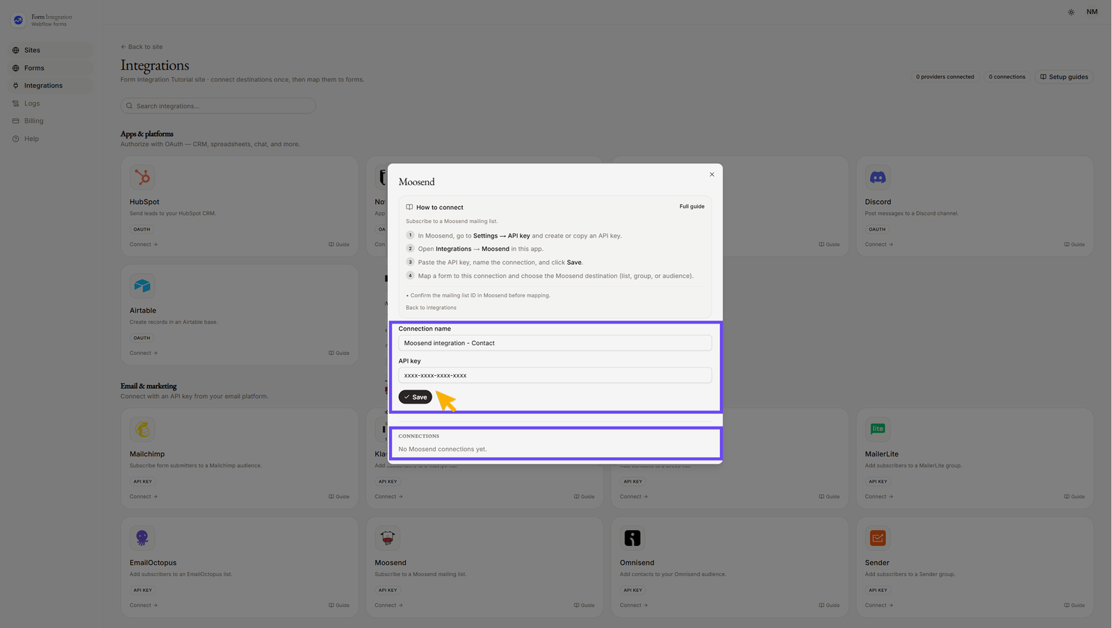 Integration Moosend popup window