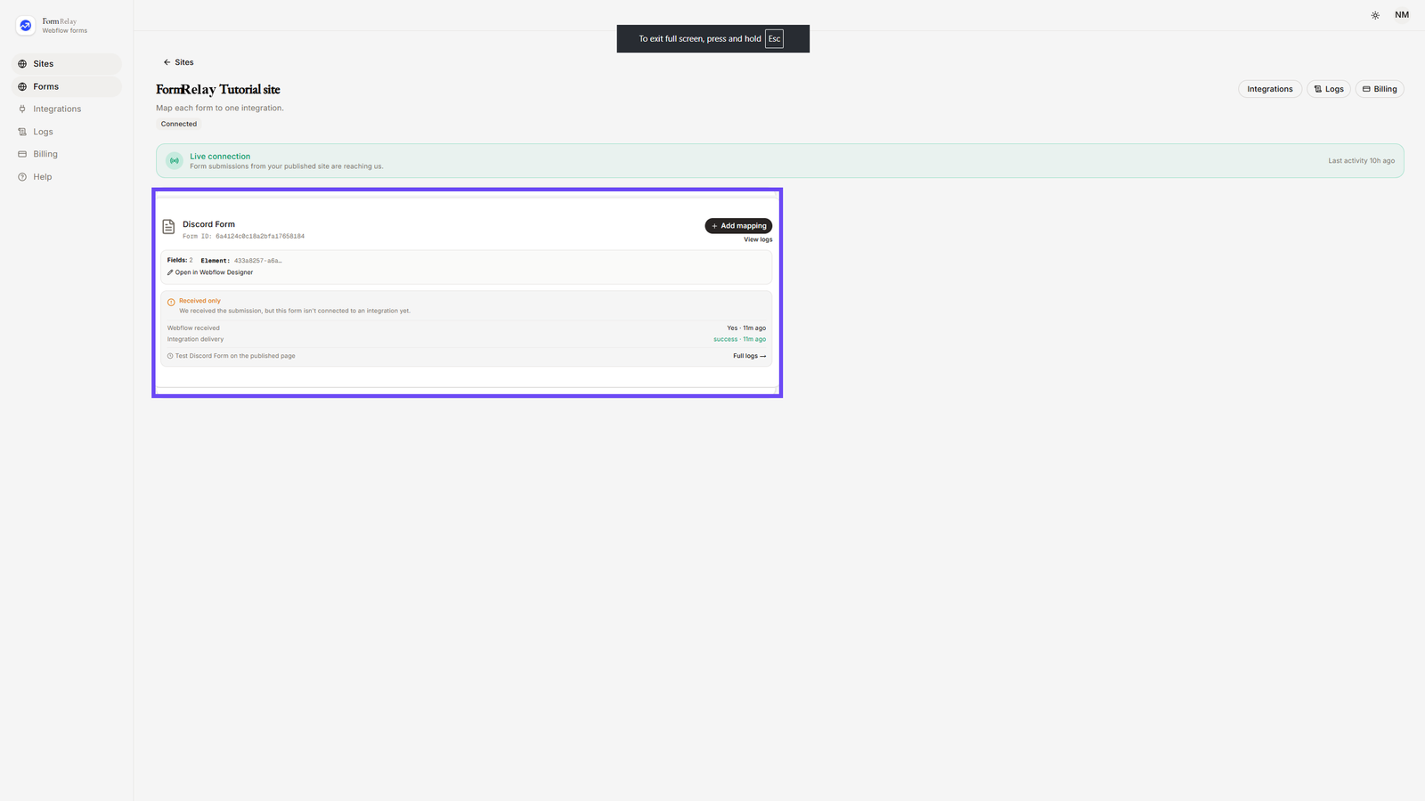 Selecting Discord Form in App Dashboard