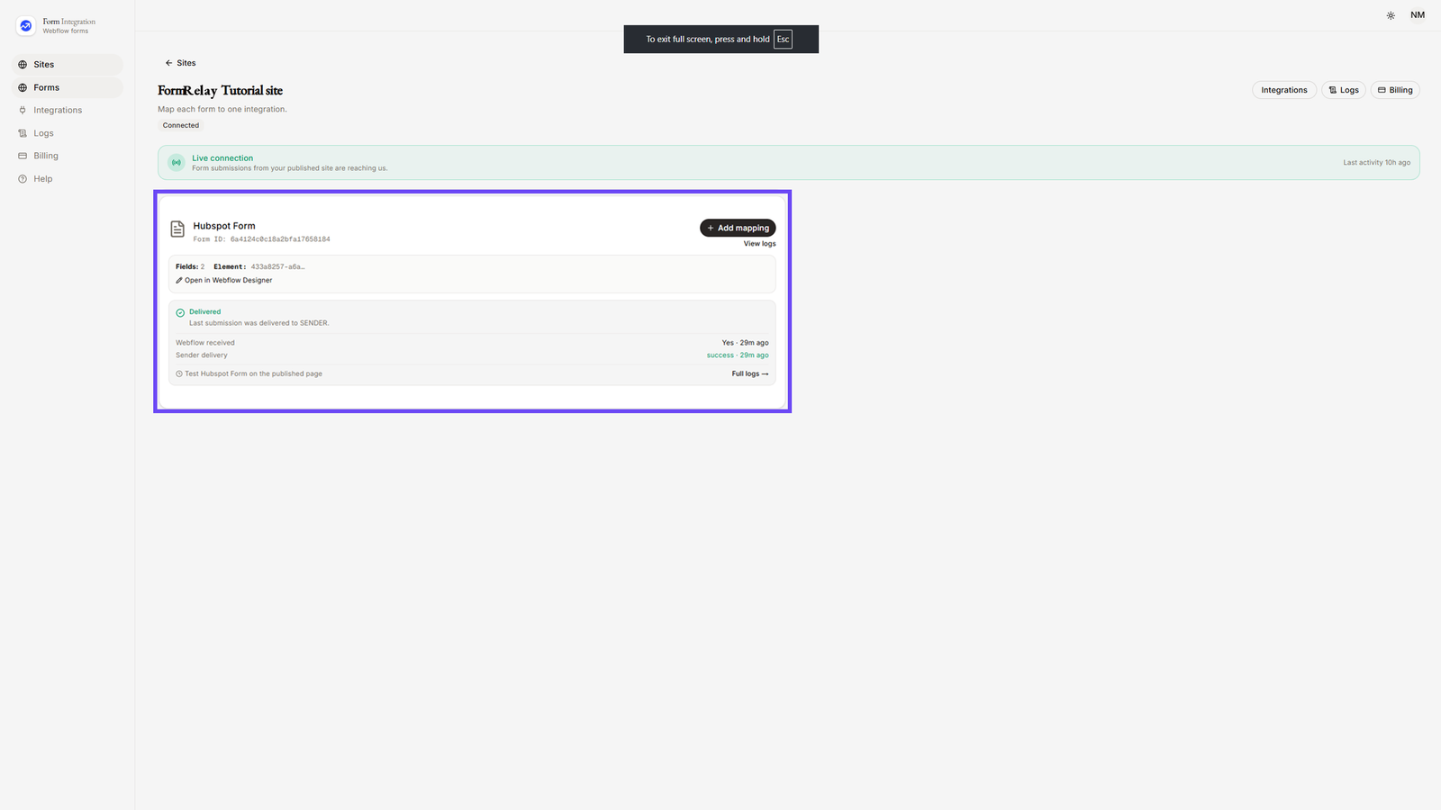 Selecting HubSpot Form in App Dashboard