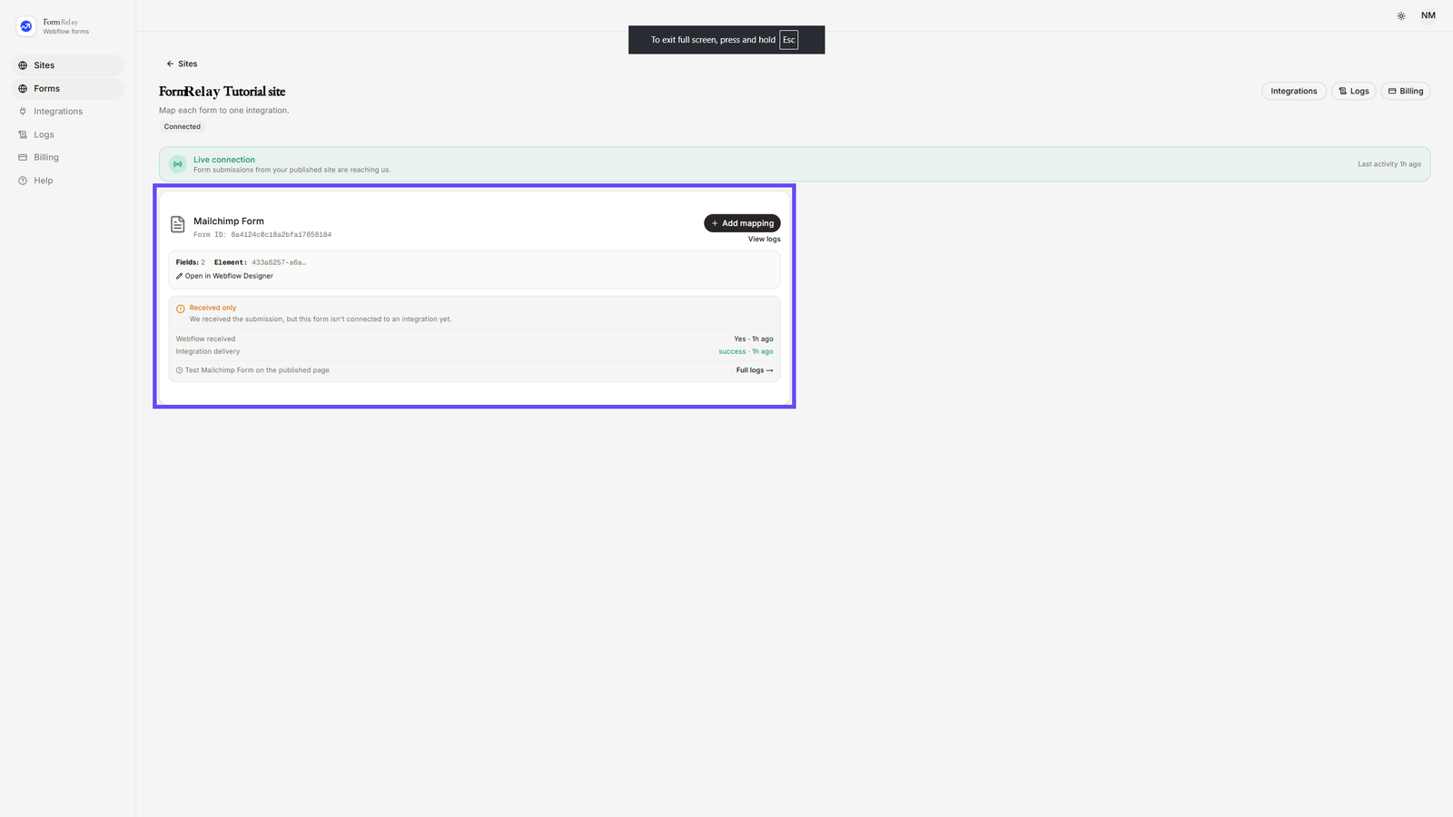 Selecting Mailchimp Form in App Dashboard