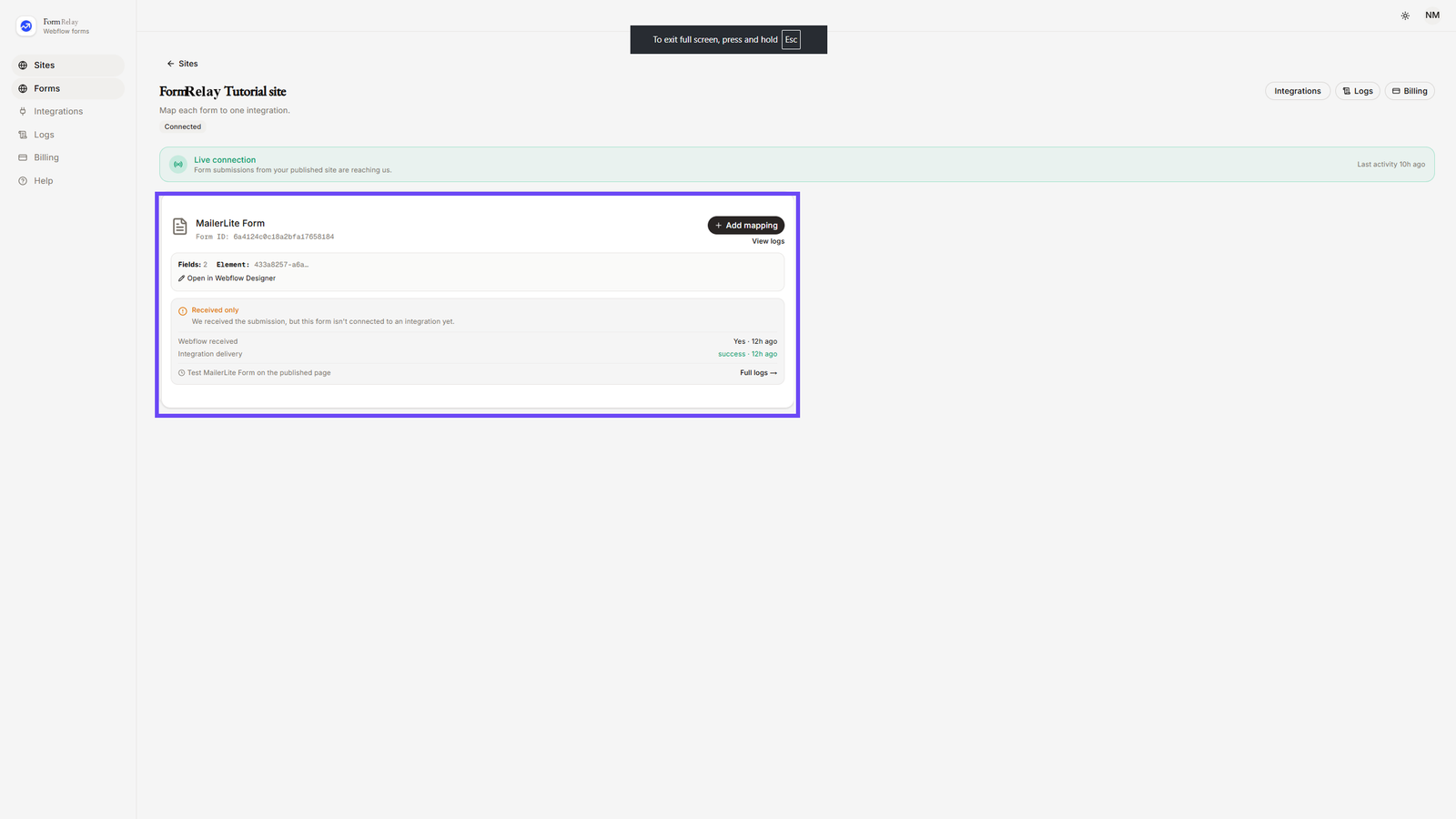 Selecting MailerLite Form in App Dashboard