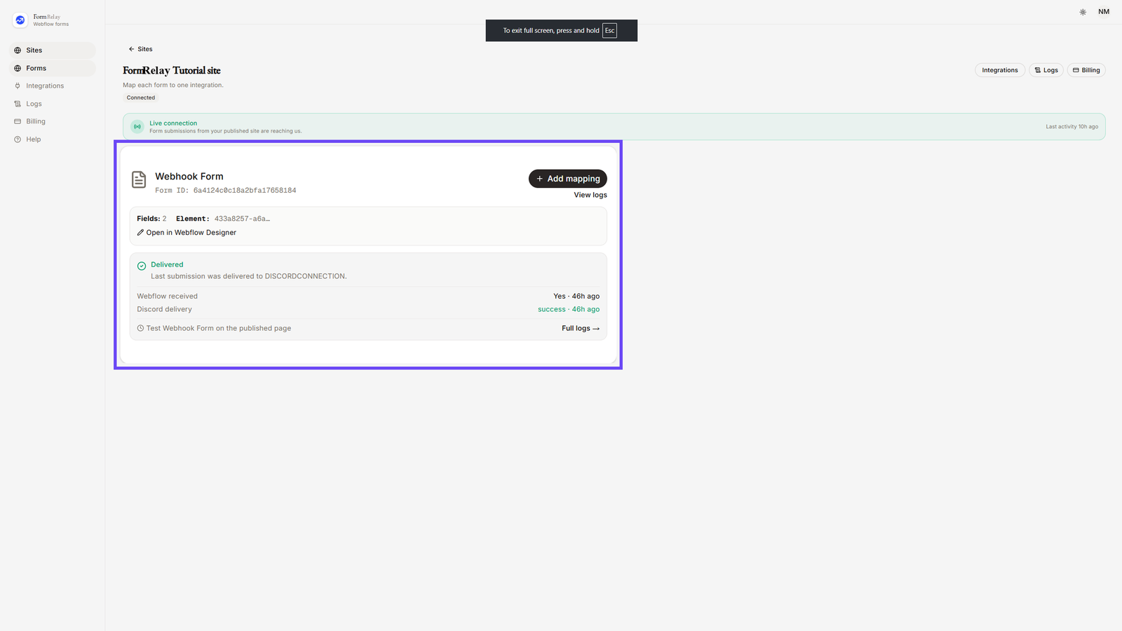 Selecting Webhook Form in App Dashboard