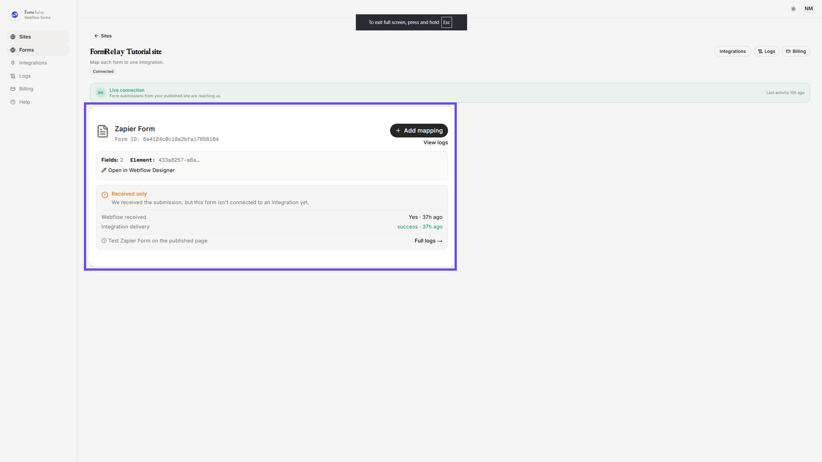 Selecting Webhook Form in App Dashboard