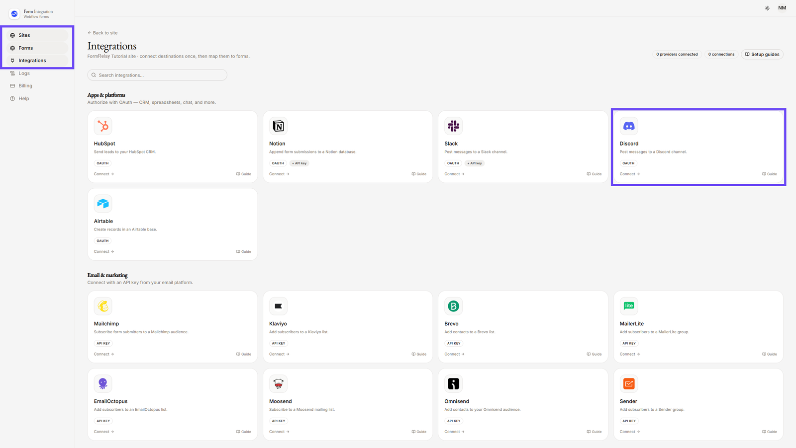 On Integration menu selecting Discord