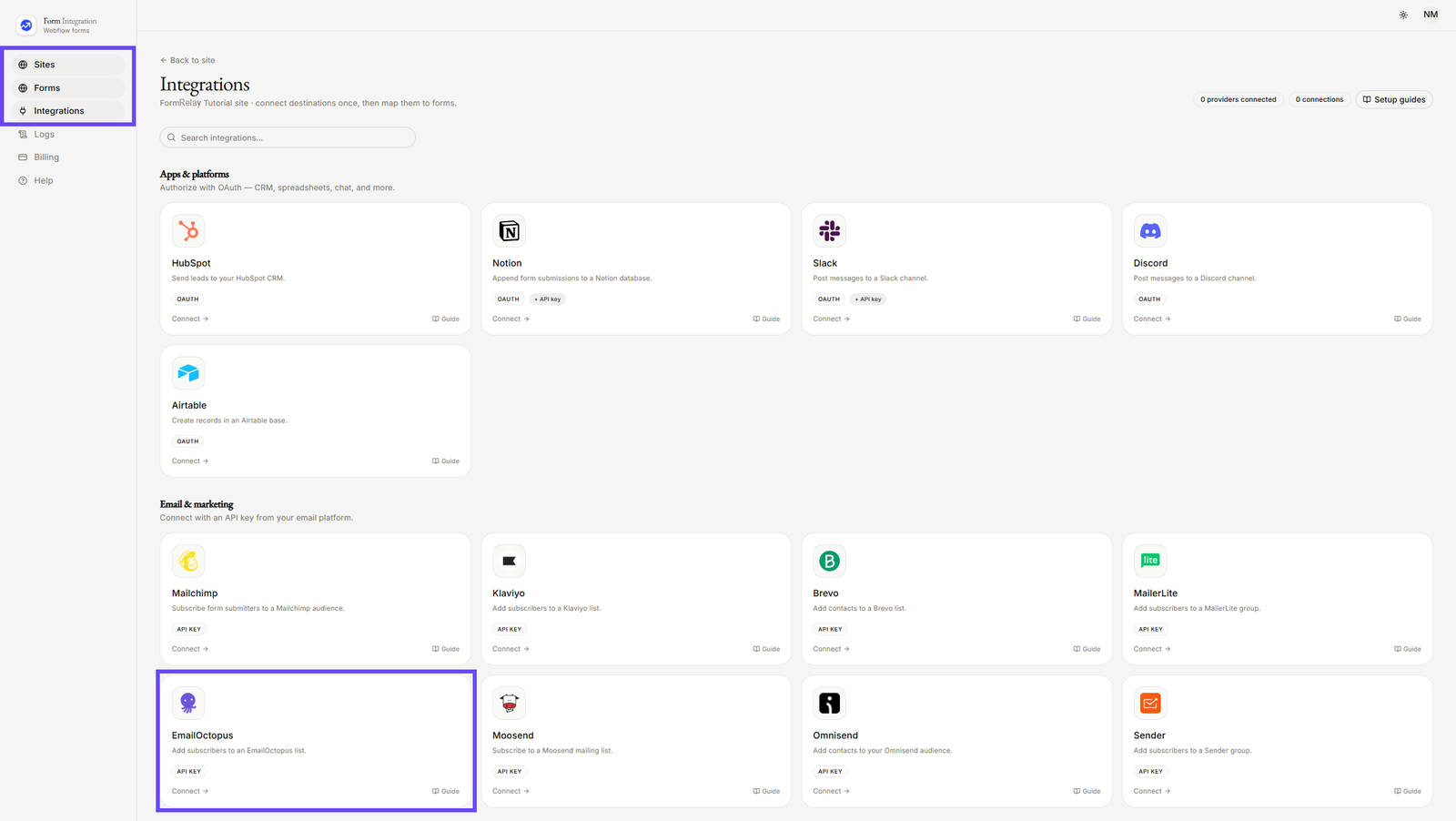 On Integration menu selecting EmailOctopus