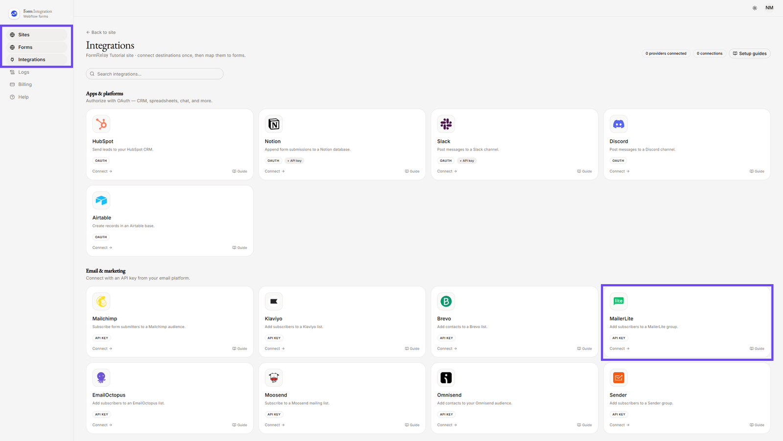 On Integration menu selecting MailerLite