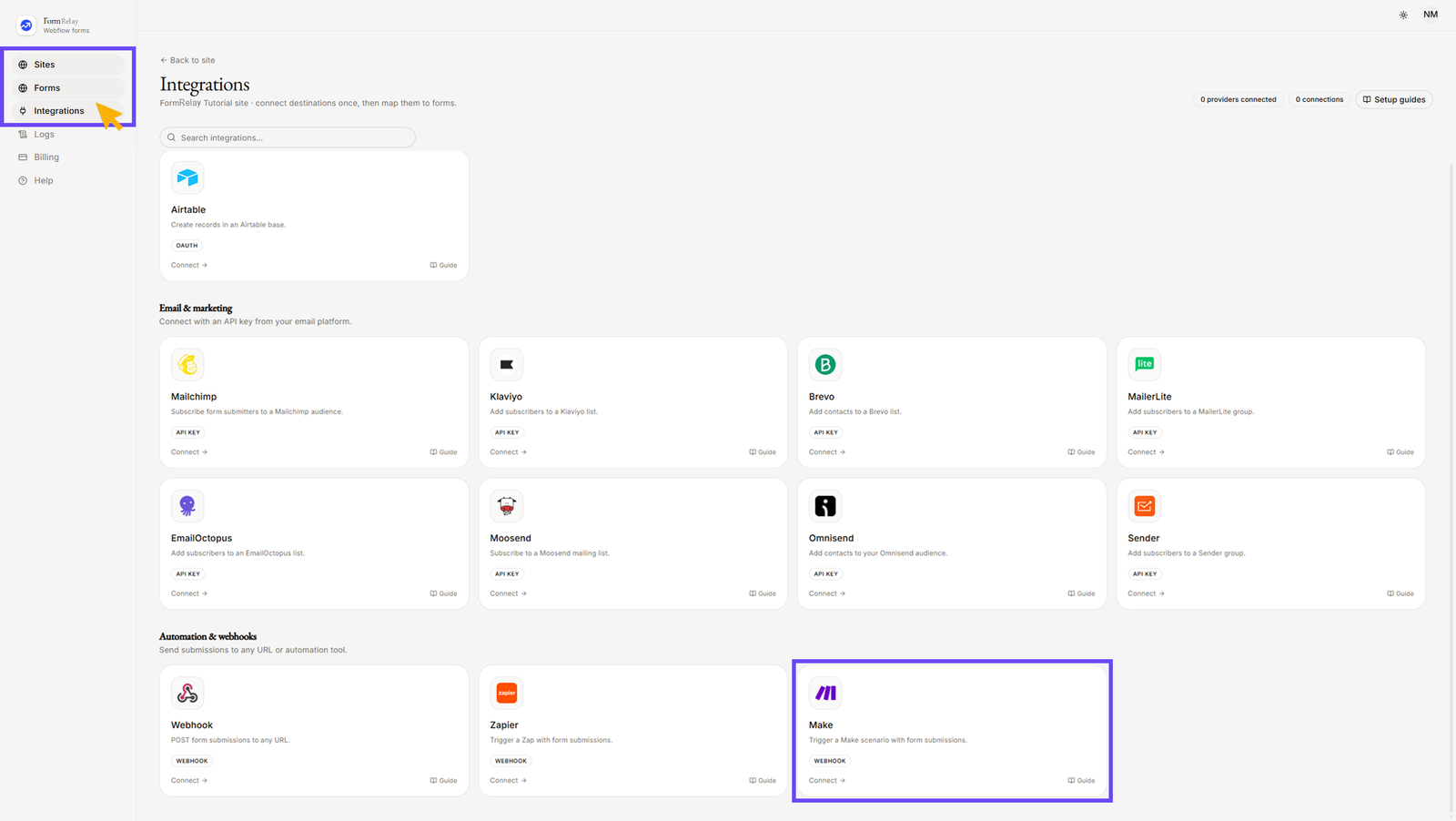 On Integration menu selecting Webhook
