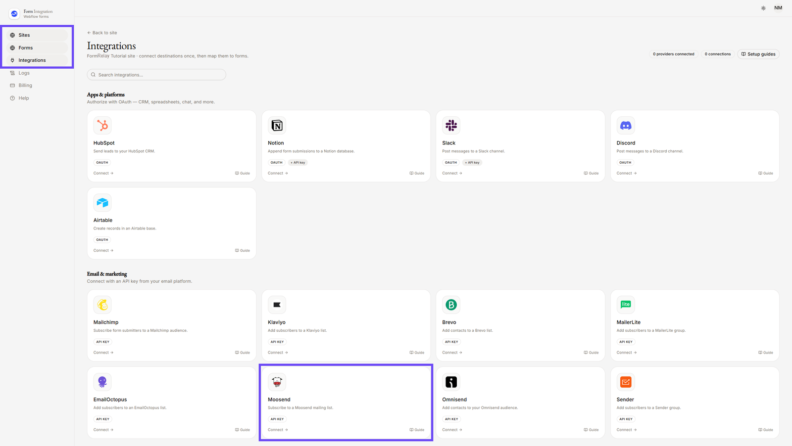 On Integration menu selecting Moosend