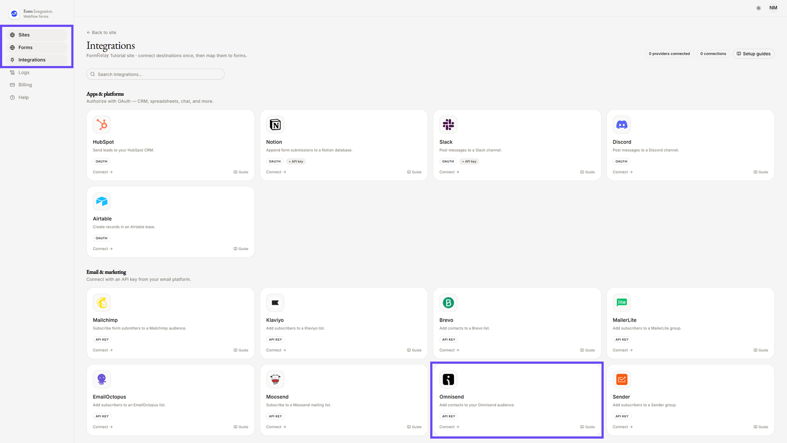 On Integration menu selecting Omnisend