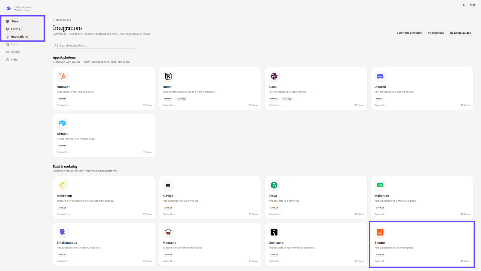 On Integration menu selecting Sender